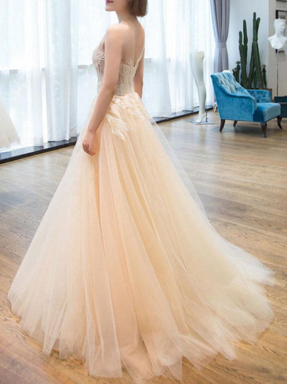 Wedding Dress Princess Floor Length Jewel Neck Sleeveless Lace Tulle Bridal Gowns