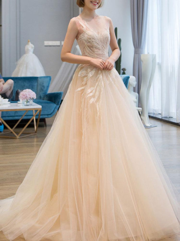 Wedding Dress Princess Floor Length Jewel Neck Sleeveless Lace Tulle Bridal Gowns