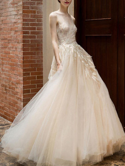 Wedding Dress Princess Floor Length Jewel Neck Sleeveless Lace Tulle Bridal Gowns