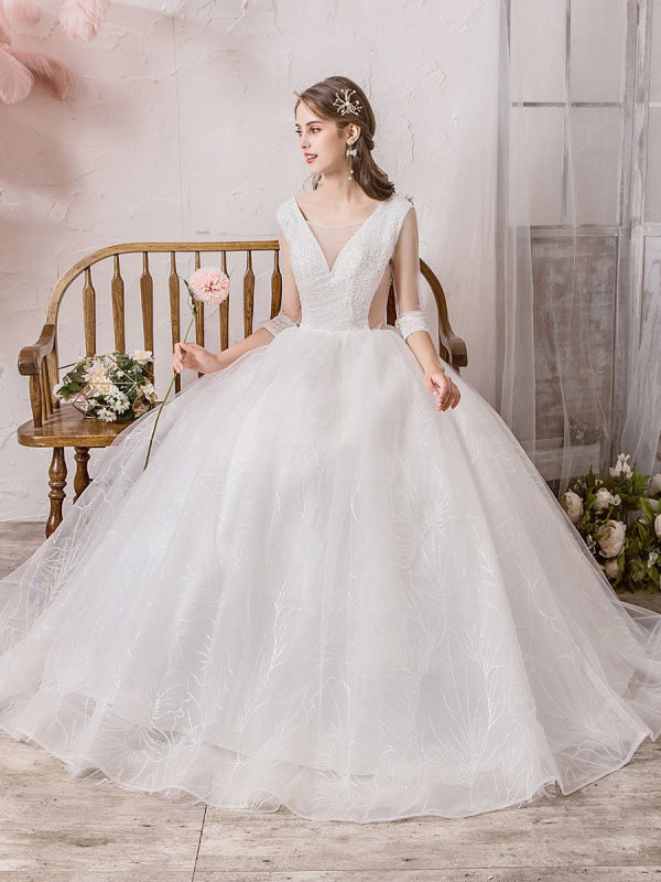Wedding Dress Princess Floor Length V Neck Sleeveless Beaded Lycra Spandex Bridal Gowns