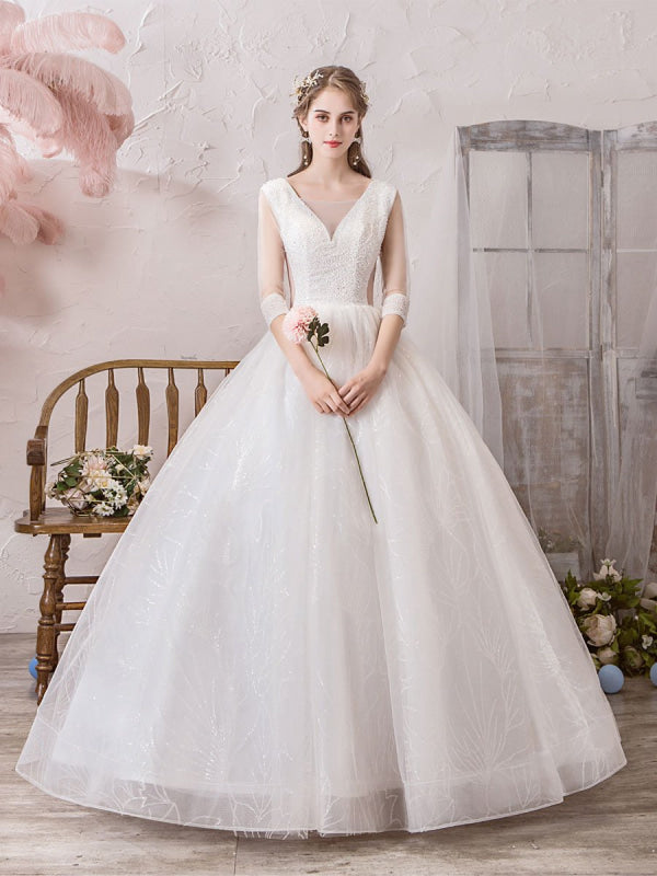 Wedding Dress Princess Floor Length V Neck Sleeveless Beaded Lycra Spandex Bridal Gowns