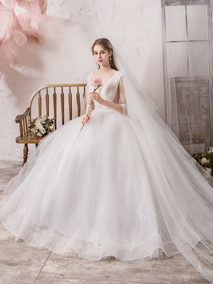 Wedding Dress Princess Floor Length V Neck Sleeveless Beaded Lycra Spandex Bridal Gowns