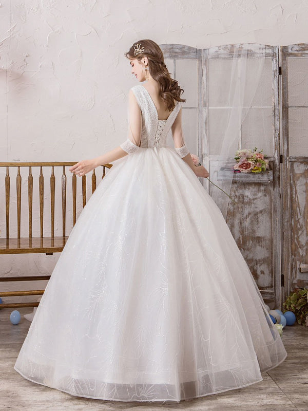 Wedding Dress Princess Floor Length V Neck Sleeveless Beaded Lycra Spandex Bridal Gowns