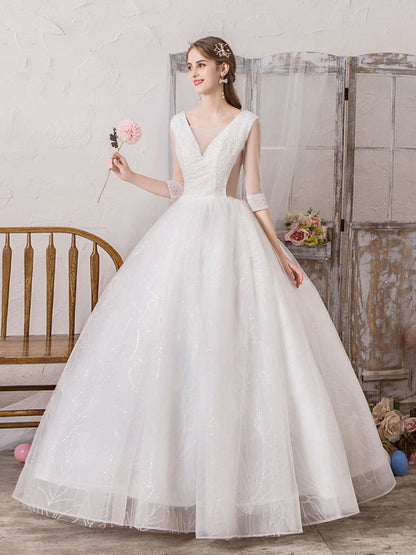 Wedding Dress Princess Floor Length V Neck Sleeveless Beaded Lycra Spandex Bridal Gowns