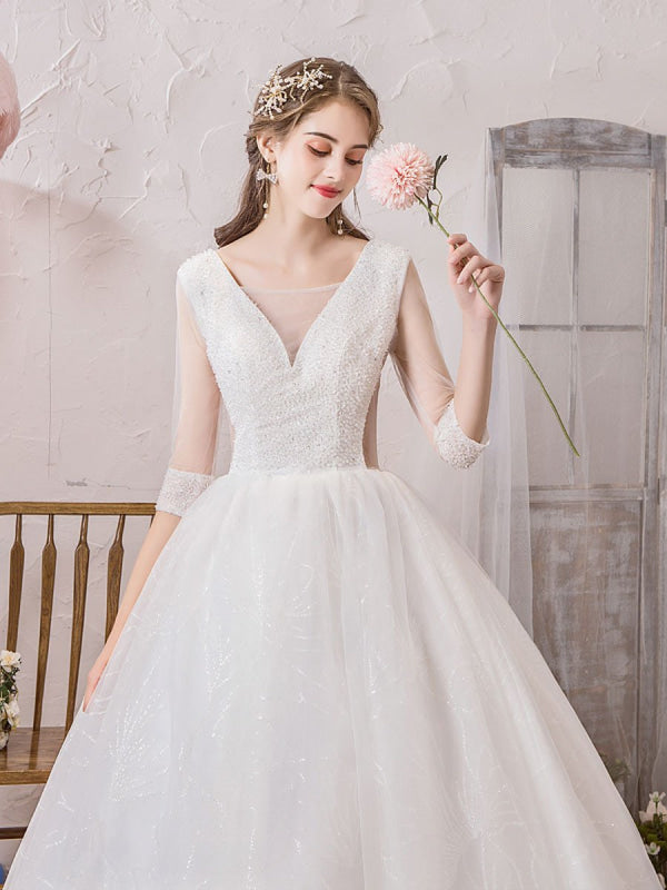 Wedding Dress Princess Floor Length V Neck Sleeveless Beaded Lycra Spandex Bridal Gowns