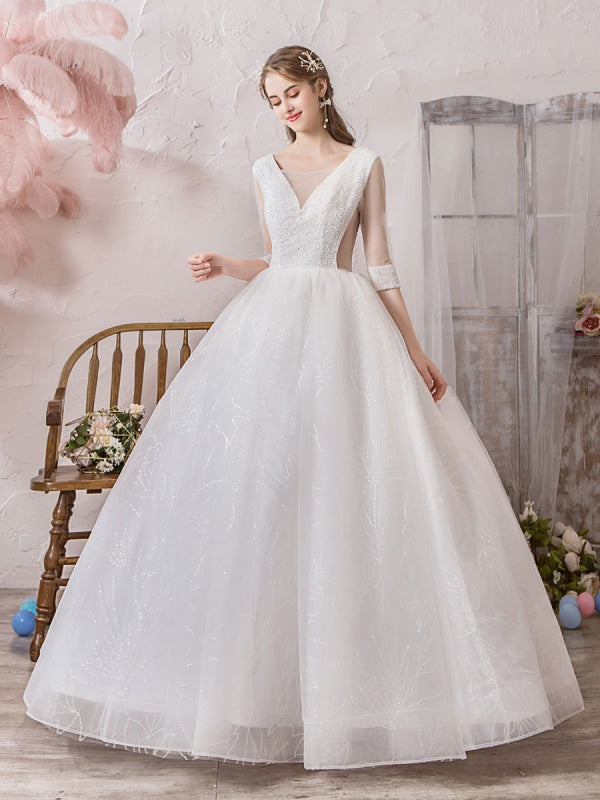 Wedding Dress Princess Floor Length V Neck Sleeveless Beaded Lycra Spandex Bridal Gowns