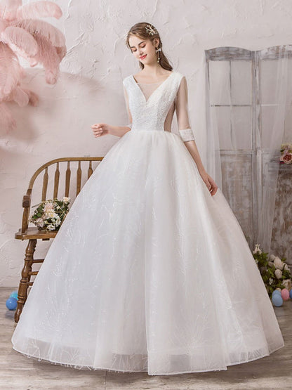 Wedding Dress Princess Floor Length V Neck Sleeveless Beaded Lycra Spandex Bridal Gowns