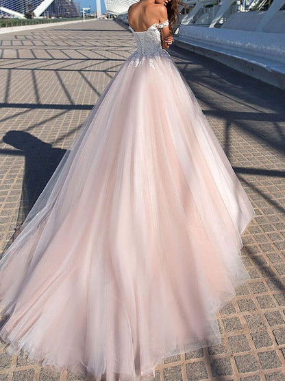 Wedding Dress Princess Silhouette Court Train Off The Shoulder Sleeveless Natural Waist Lace Tulle Bridal Gowns