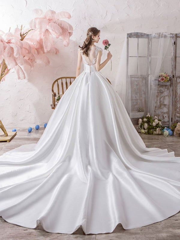 Wedding Dress Princess Silhouette Illusion Neckline Sleeveless Natural Waist Cathedral Train Bridal Gowns
