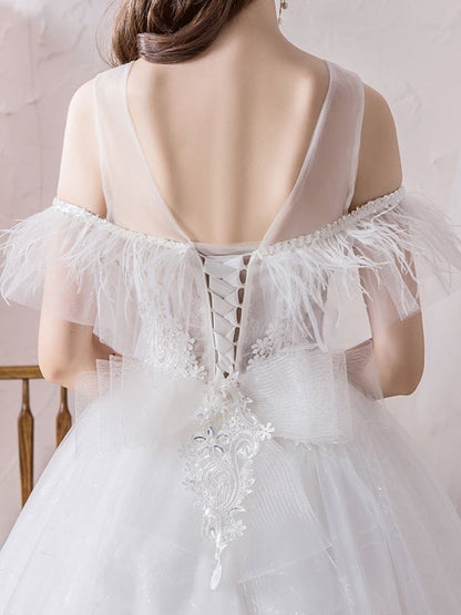 Wedding Dress Princess Silhouette Jewel Neck Short Sleeves Cathedral Train Bridal Dresses