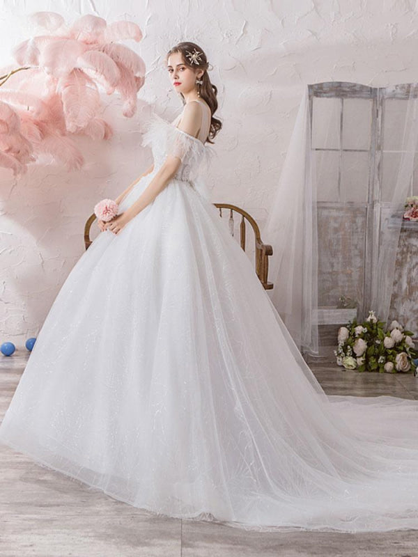 Wedding Dress Princess Silhouette Jewel Neck Short Sleeves Cathedral Train Bridal Dresses
