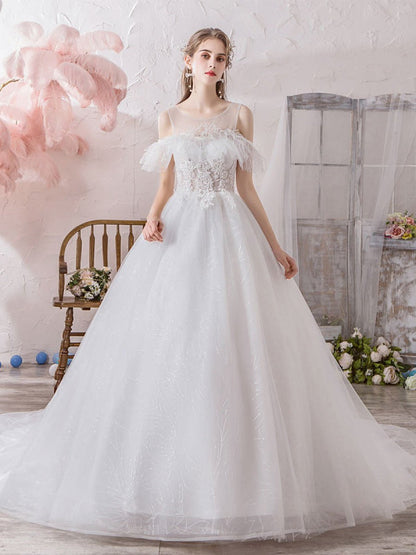 Wedding Dress Princess Silhouette Jewel Neck Short Sleeves Cathedral Train Bridal Dresses