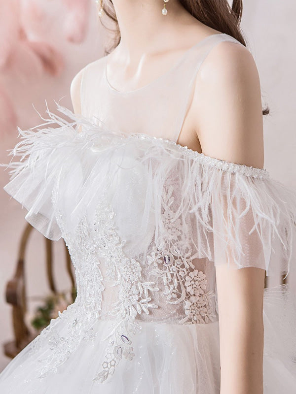 Wedding Dress Princess Silhouette Jewel Neck Short Sleeves Cathedral Train Bridal Dresses