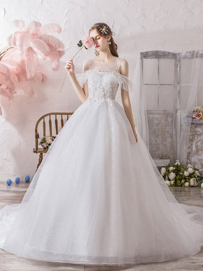 Wedding Dress Princess Silhouette Jewel Neck Short Sleeves Cathedral Train Bridal Dresses