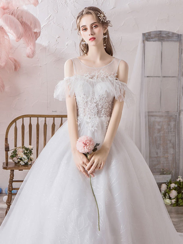 Wedding Dress Princess Silhouette Jewel Neck Short Sleeves Cathedral Train Bridal Dresses