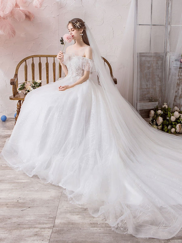 Wedding Dress Princess Silhouette Jewel Neck Short Sleeves Cathedral Train Bridal Dresses