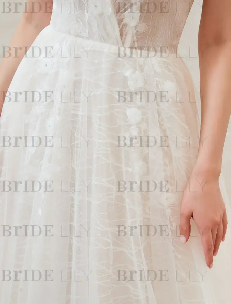 Wedding Dress V Neck A Line Floor Length Lace Appliqued Tulle Bridal Gowns