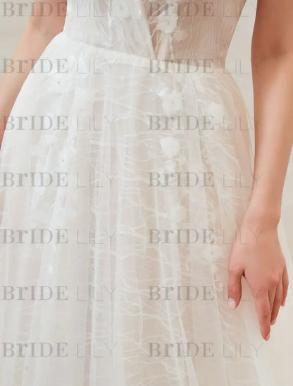 Wedding Dress V Neck A Line Floor Length Lace Appliqued Tulle Bridal Gowns