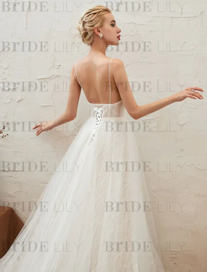 Wedding Dress V Neck A Line Floor Length Lace Appliqued Tulle Bridal Gowns
