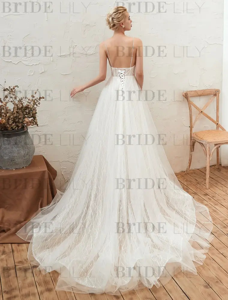 Wedding Dress V Neck A Line Floor Length Lace Appliqued Tulle Bridal Gowns
