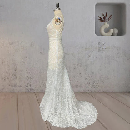 Mermaid Lace Deep V Wedding Dress with Appliques