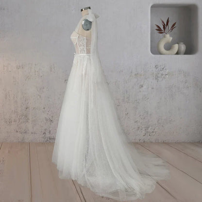 A-Line White Tulle Lace Flattering Wedding Dress With