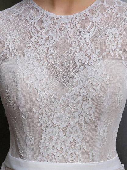 Wedding Dress With Train A-Line Long Sleeves Chiffon Jewel Neck Ivory Bridal Gowns