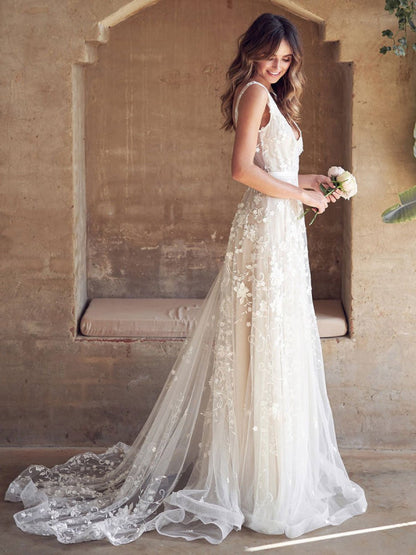 Wedding Dress With Train A Line Sleeveless Lace V Neck Bridal Gowns