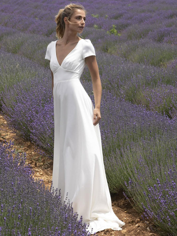 Wedding Dress With Train V Neck Short Sleeves Buttons Floor Length Bridal Dresses