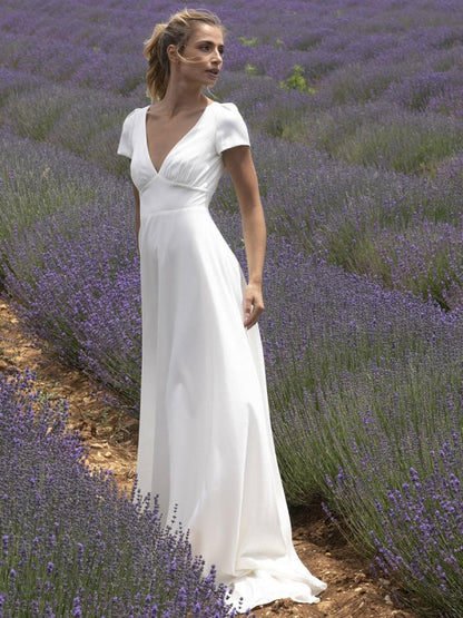 Wedding Dress With Train V Neck Short Sleeves Buttons Floor Length Bridal Dresses