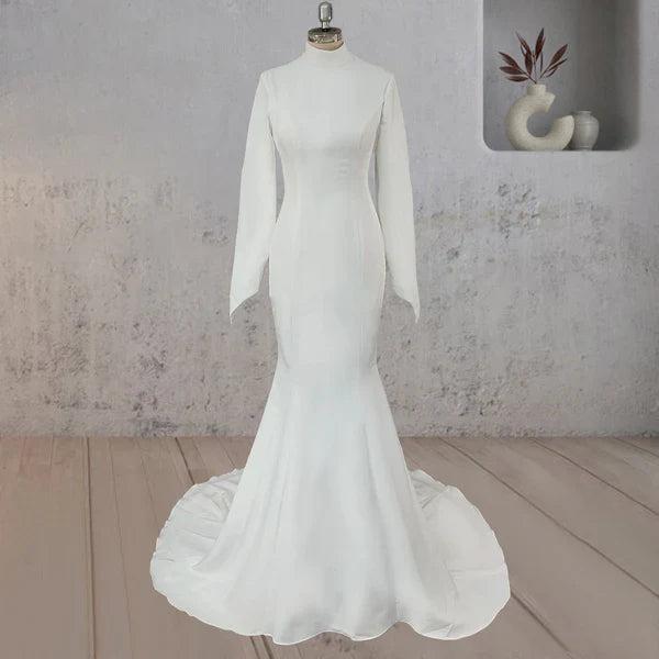 White Open Back High Neck Wedding Dress