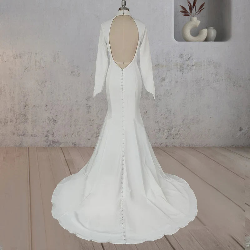White Open Back High Neck Wedding Dress