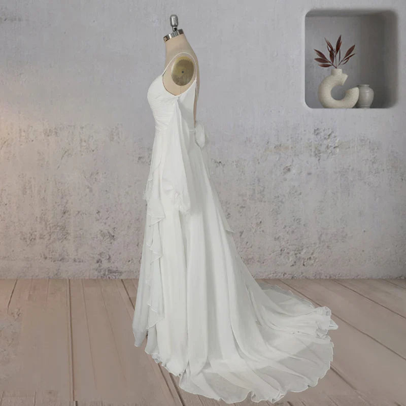 A-Line Chiffon Detachable Puffy Sleeves Wedding Dress