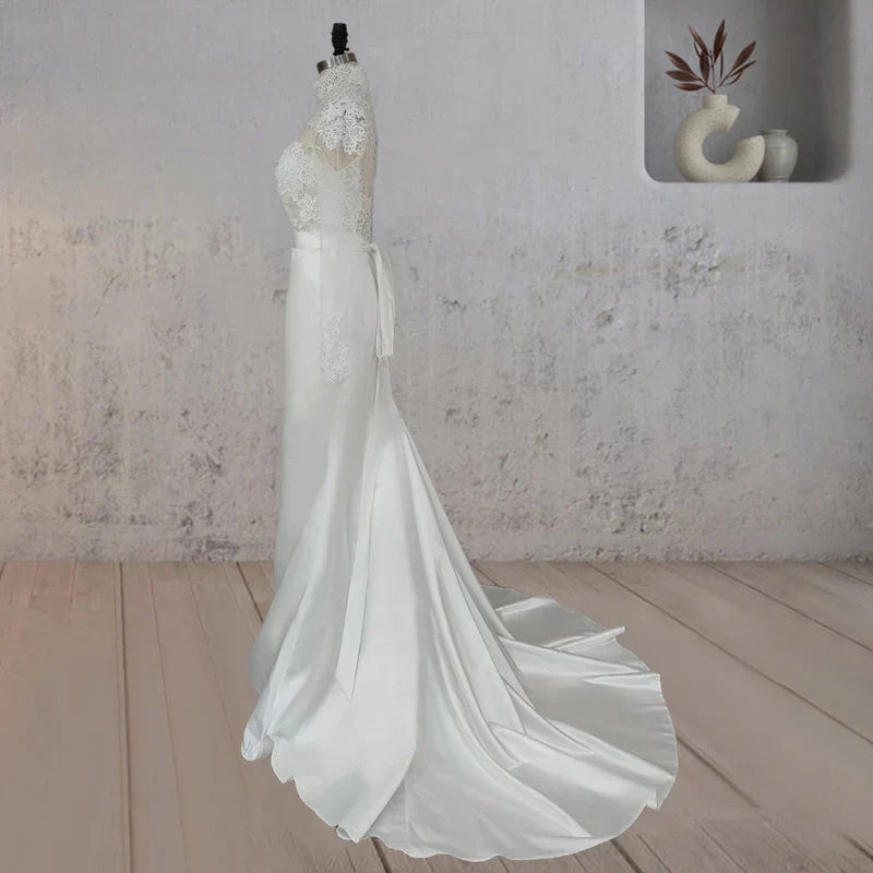 White Lace Covered Button Back Wedding Dress