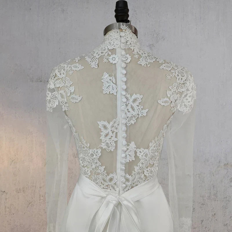 White Lace Covered Button Back Wedding Dress