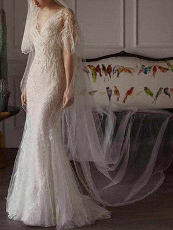 Sheath Wedding Dresses Half Sleeve V Neck Floor Length Bamboo Leaf Lace Bridal Gown