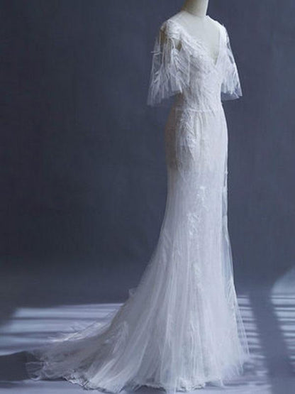 Sheath Wedding Dresses Half Sleeve V Neck Floor Length Bamboo Leaf Lace Bridal Gown