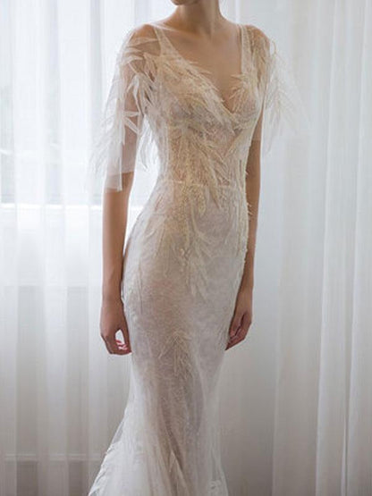 Sheath Wedding Dresses Half Sleeve V Neck Floor Length Bamboo Leaf Lace Bridal Gown