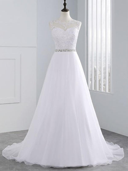 Wedding Dresses A Line Beaded Jewel Neck Sleeveless Floor Length Tulle Traditional Bridal Dress With Train