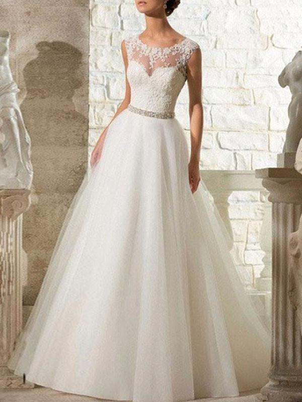 Wedding Dresses A Line Beaded Jewel Neck Sleeveless Floor Length Tulle Traditional Bridal Dress With Train