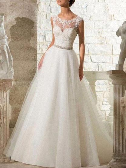Wedding Dresses A Line Beaded Jewel Neck Sleeveless Floor Length Tulle Traditional Bridal Dress With Train