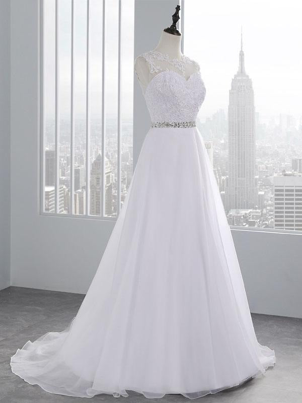 Wedding Dresses A Line Beaded Jewel Neck Sleeveless Floor Length Tulle Traditional Bridal Dress With Train