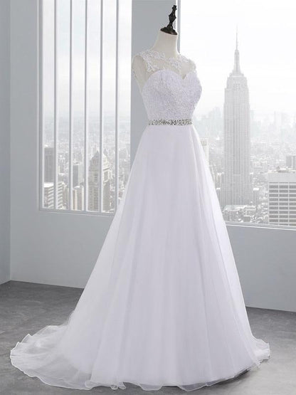 Wedding Dresses A Line Beaded Jewel Neck Sleeveless Floor Length Tulle Traditional Bridal Dress With Train