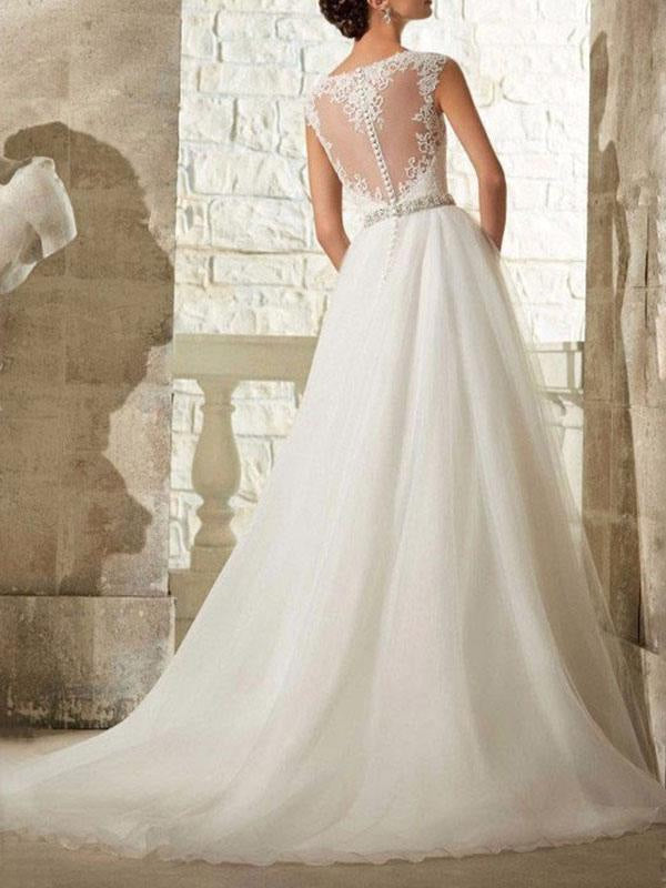 Wedding Dresses A Line Beaded Jewel Neck Sleeveless Floor Length Tulle Traditional Bridal Dress With Train
