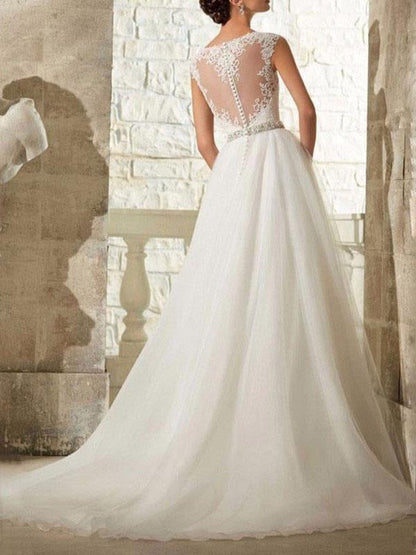 Wedding Dresses A Line Beaded Jewel Neck Sleeveless Floor Length Tulle Traditional Bridal Dress With Train