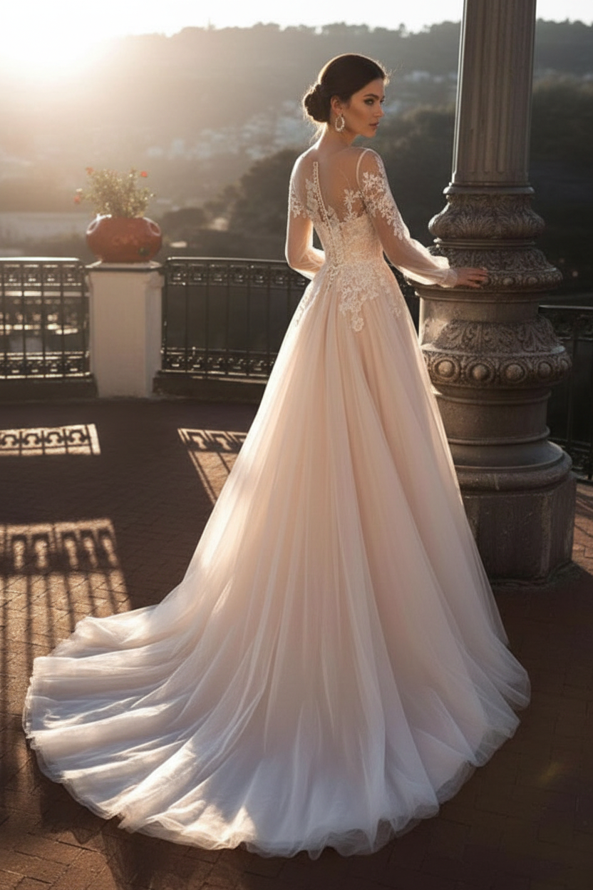 Wedding Dresses A Line Illusion Neck Long Sleeve Floor Length Tulle Pleated Bridal Dress With Train