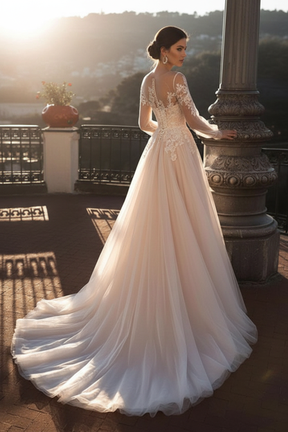 Wedding Dresses A Line Illusion Neck Long Sleeve Floor Length Tulle Pleated Bridal Dress With Train