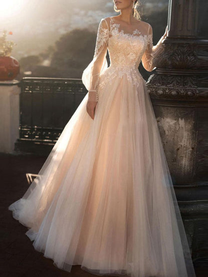 Wedding Dresses A Line Illusion Neck Long Sleeve Floor Length Tulle Pleated Bridal Dress With Train