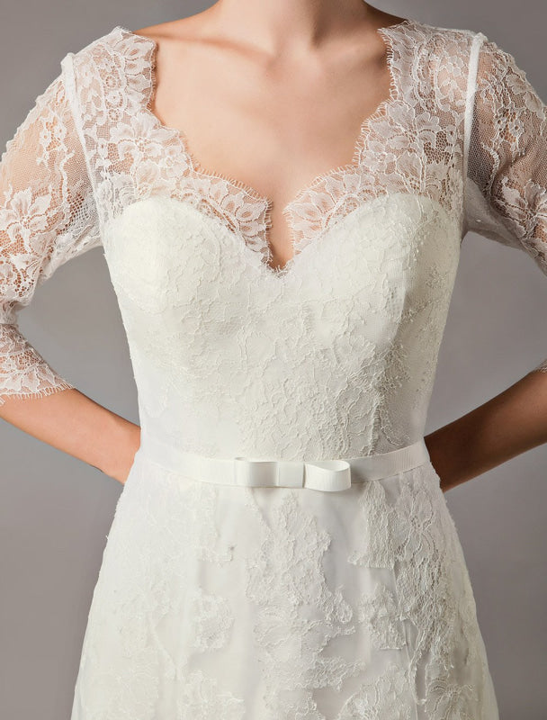 Wedding Dresses A Line Ivory V Neck Lace Tulle Half Sleeve Bridal Dress With Train