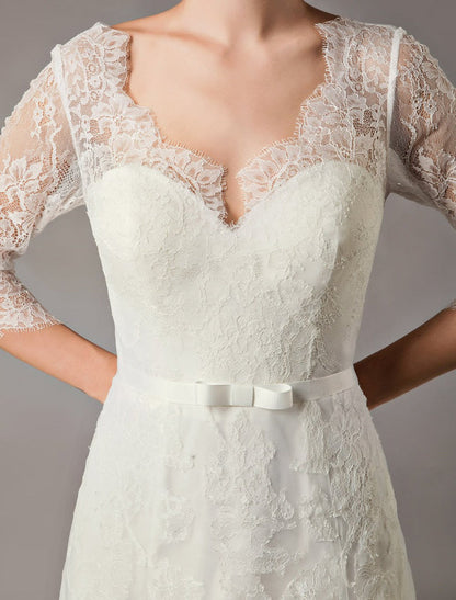 Wedding Dresses A Line Ivory V Neck Lace Tulle Half Sleeve Bridal Dress With Train